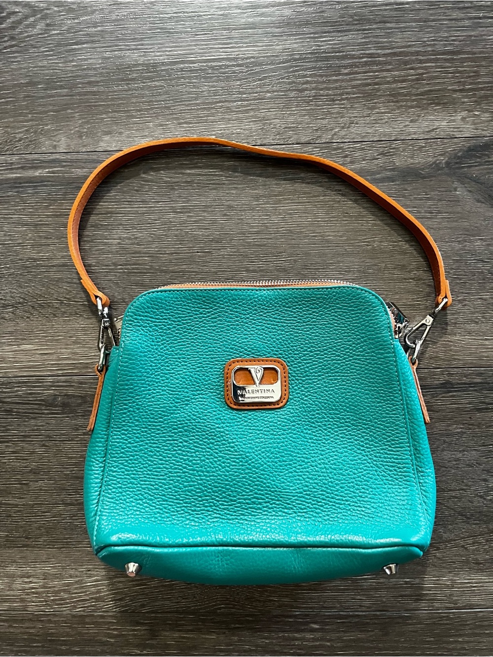 Valentina Teal Pebbled Leather Shoulder Bag with Orange Strap